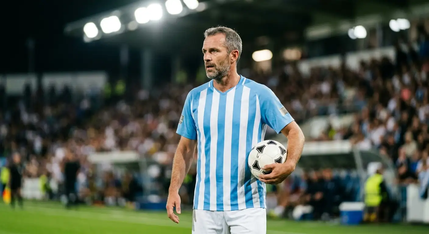 A soccer captain in a blue and white kit holding the ball under stadium lights
