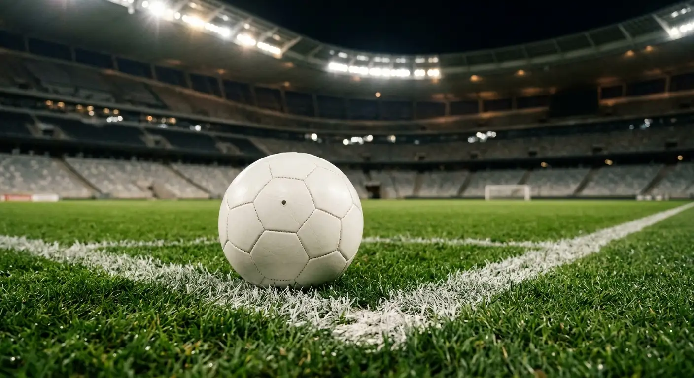 A football resting on the penalty spot in an empty floodlit stadium