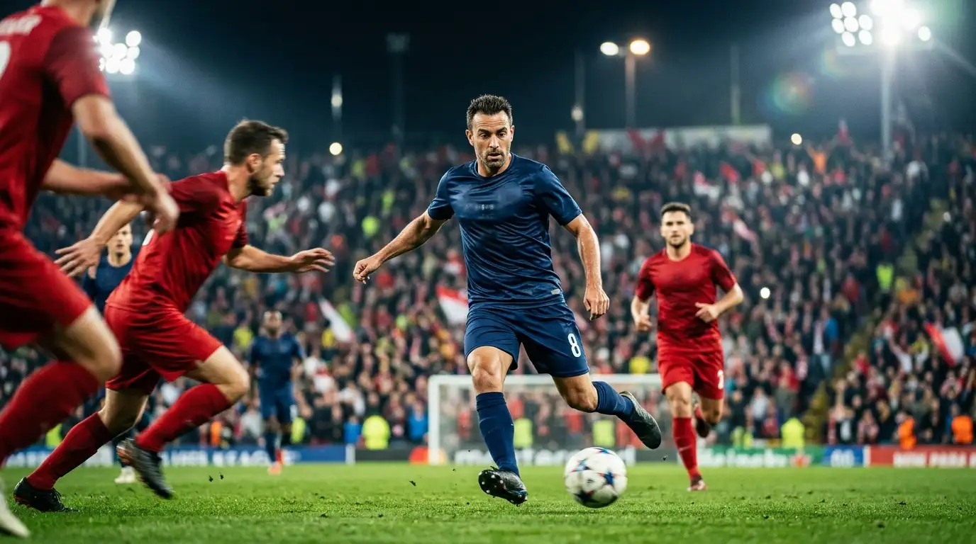 A playmaker in his late thirties threading a pass through midfield under stadium lights