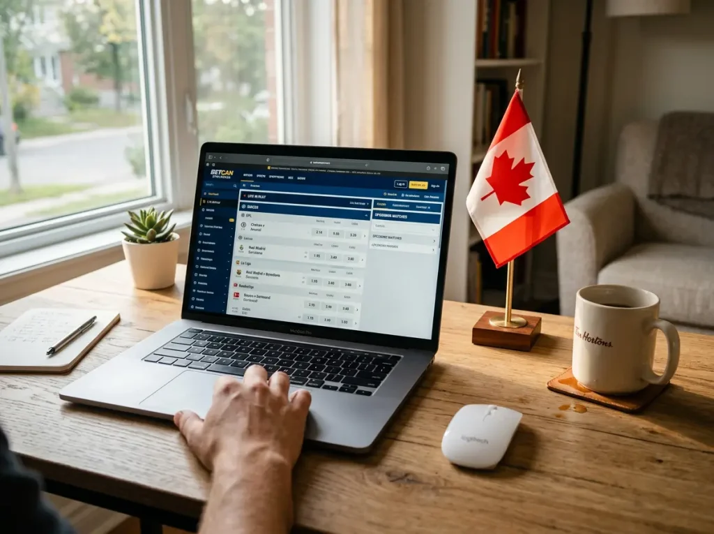 Canadian bettor reviewing World Cup 2026 sportsbook options on laptop with maple leaf flag in background