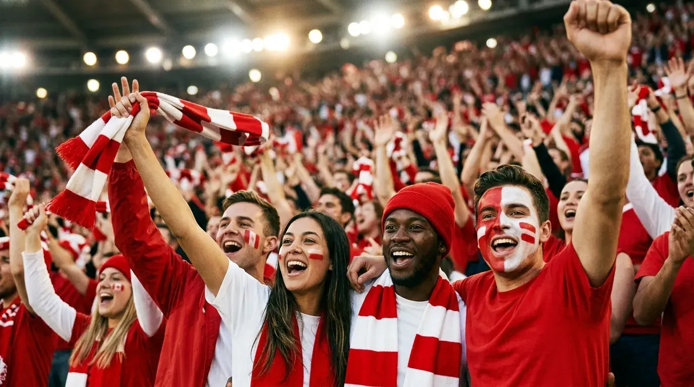 Canadian soccer fans in red celebrating in a packed stadium