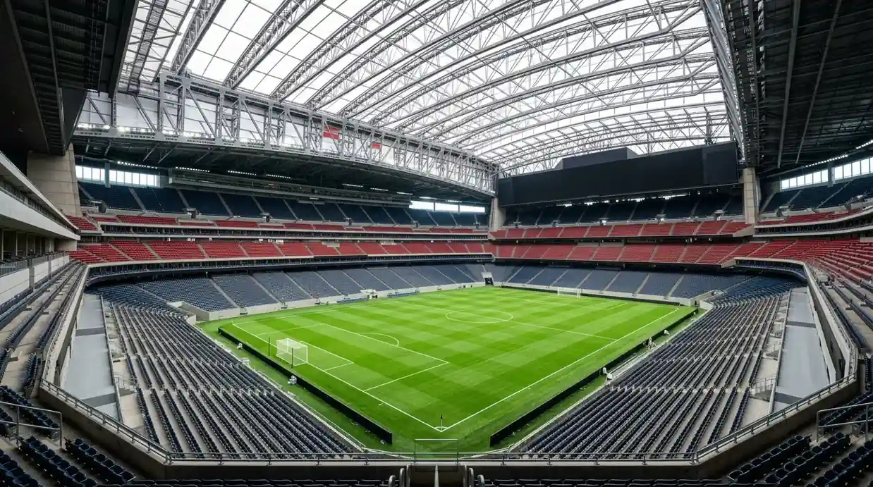 A modern retractable-roof stadium interior prepared for a soccer match
