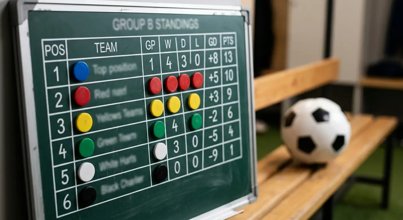 A tactics board with magnetic markers showing a group standings table