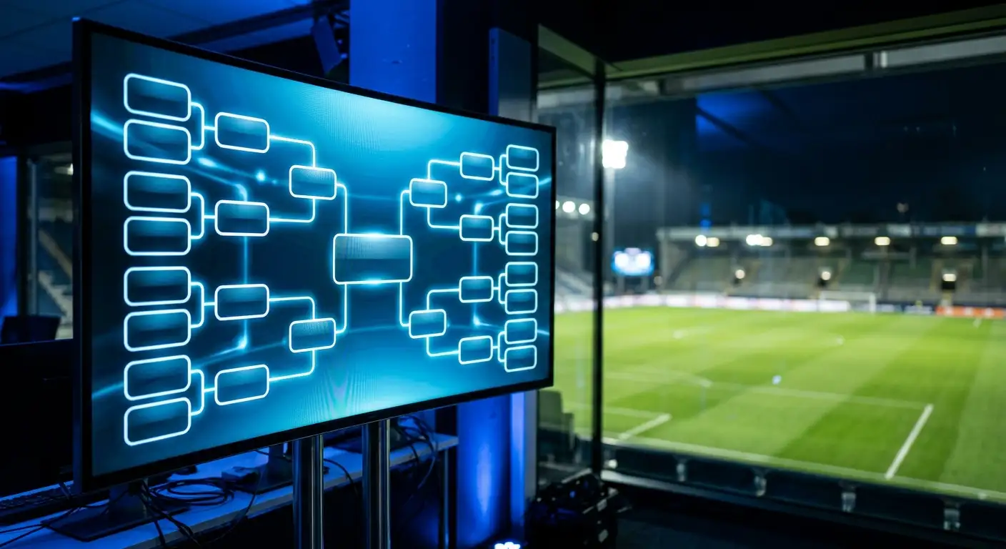 A knockout bracket graphic on a screen with a soccer pitch behind