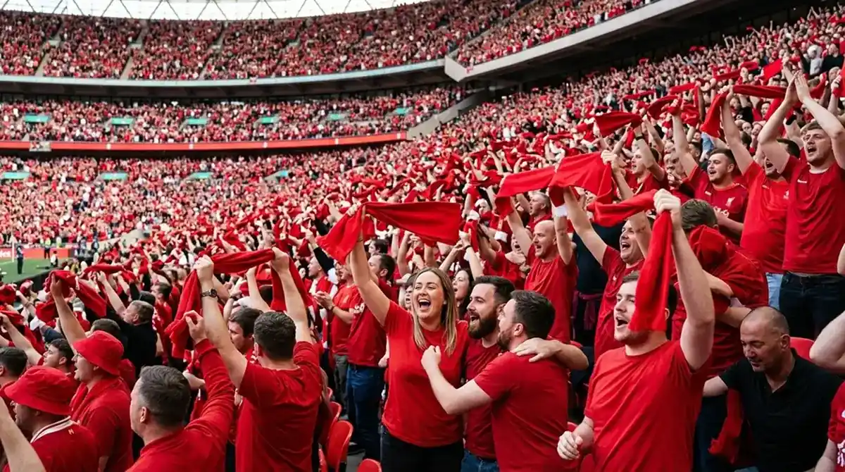 A crowd of soccer fans in red celebrating in a stadium