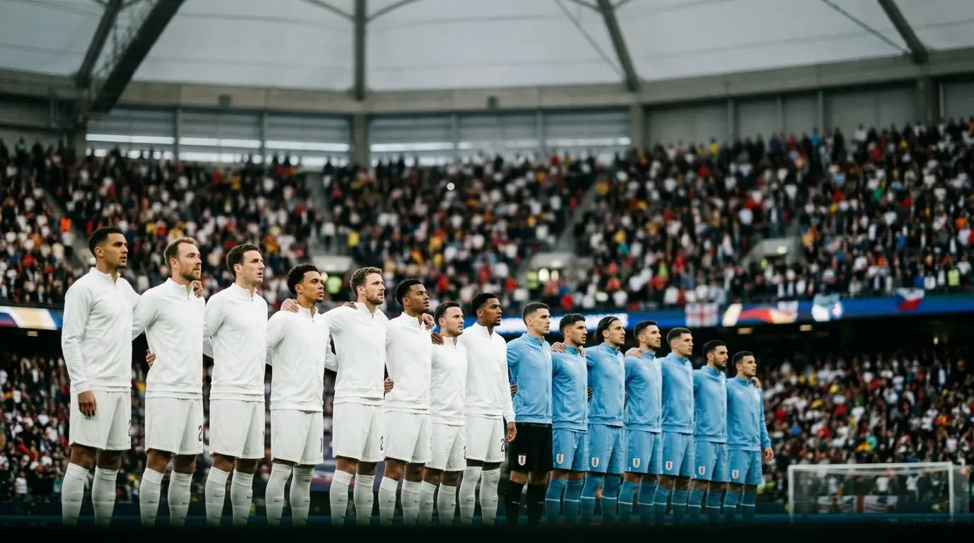 Two soccer teams lined up before a floodlit semi-final in a covered stadium