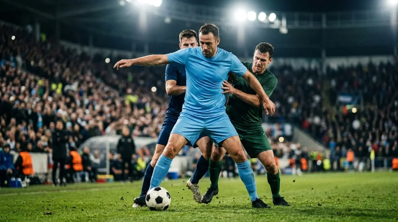 A veteran forward on the ball under stadium lights, defenders closing in during a night match
