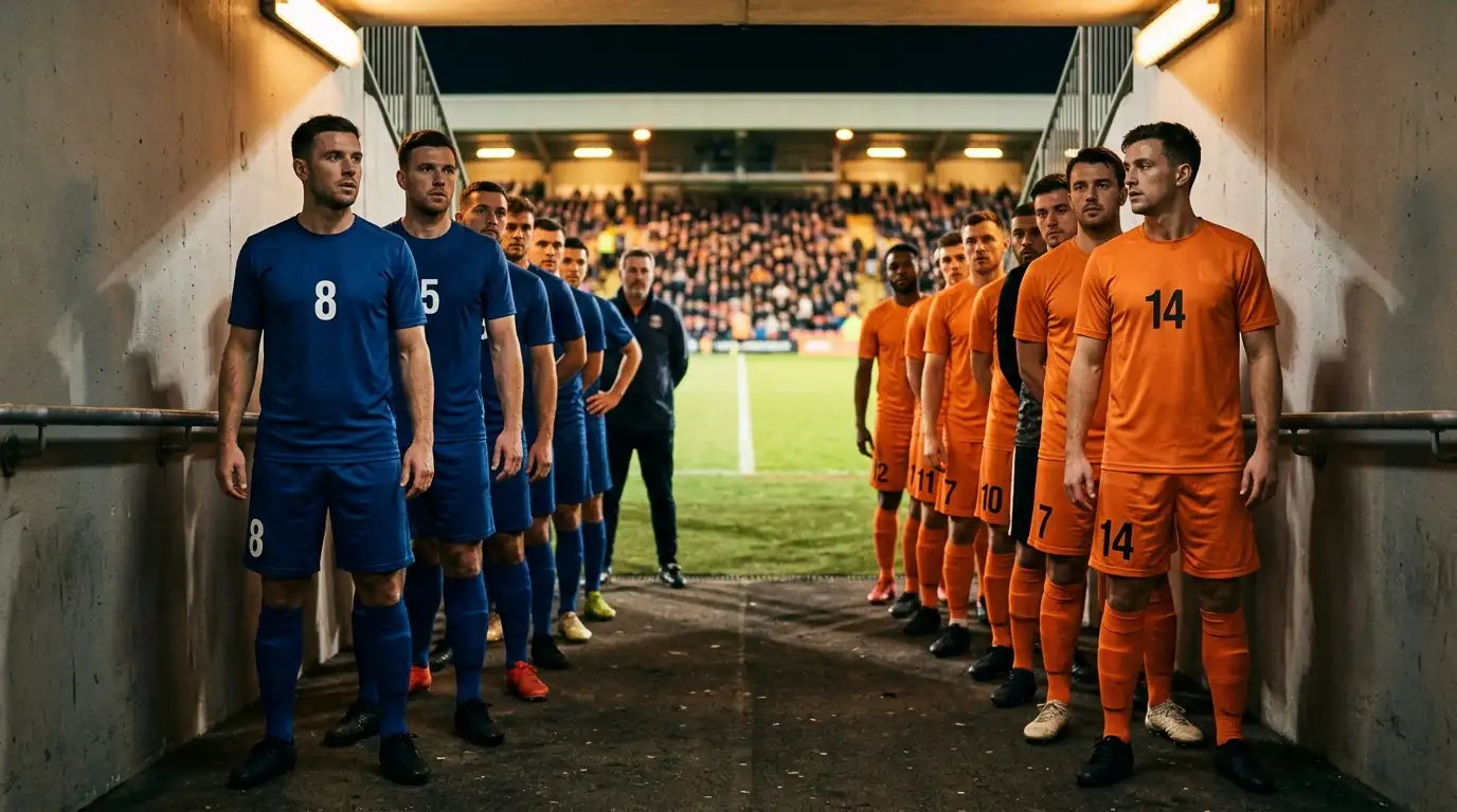 Two soccer teams lining up in the tunnel before a floodlit knockout match