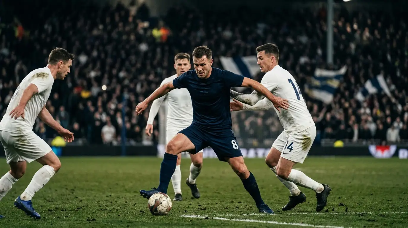 A defensive midfielder shielding the ball in a crowded midfield during a night match