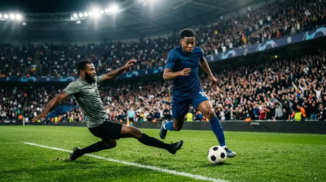 A winger driving at a defender under bright stadium lights during a knockout match