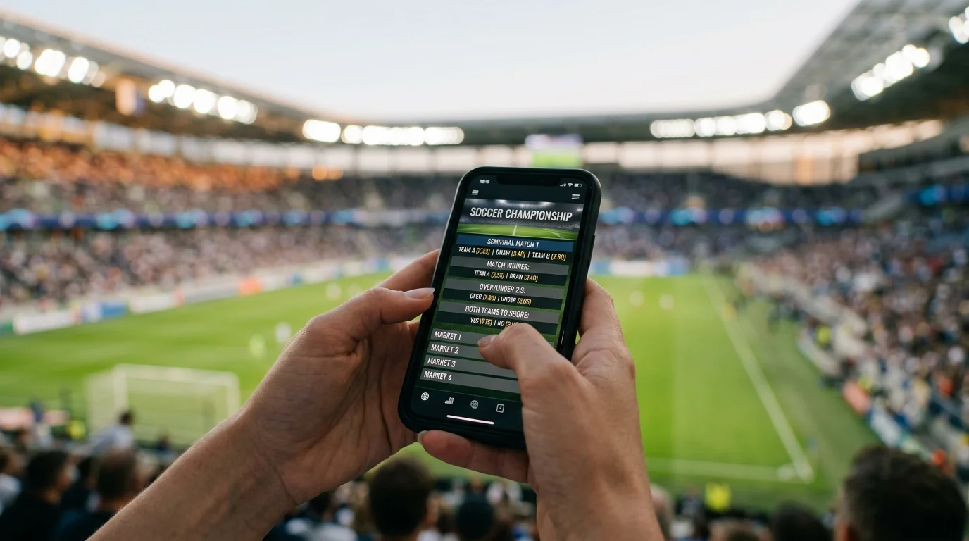 A close-up of hands holding a smartphone with soccer betting markets, stadium lights behind
