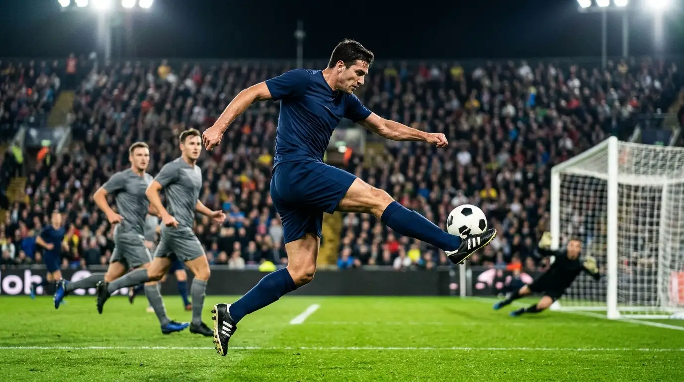A powerful centre-forward striking the ball at goal under bright stadium floodlights
