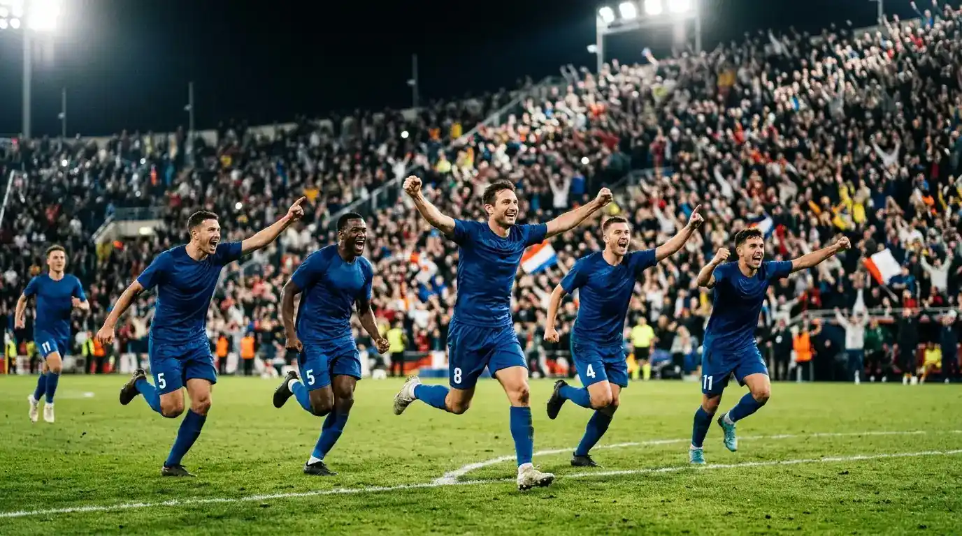 A soccer team celebrating a knockout goal in front of a packed stadium crowd