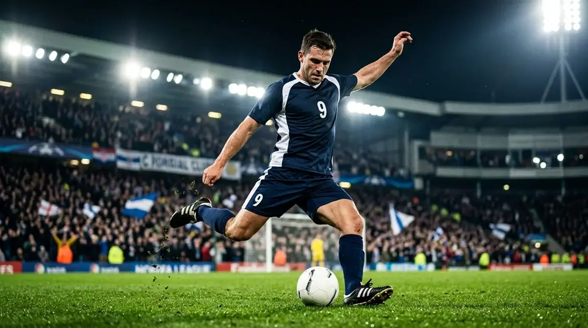 A striker lining up a shot at goal under floodlights