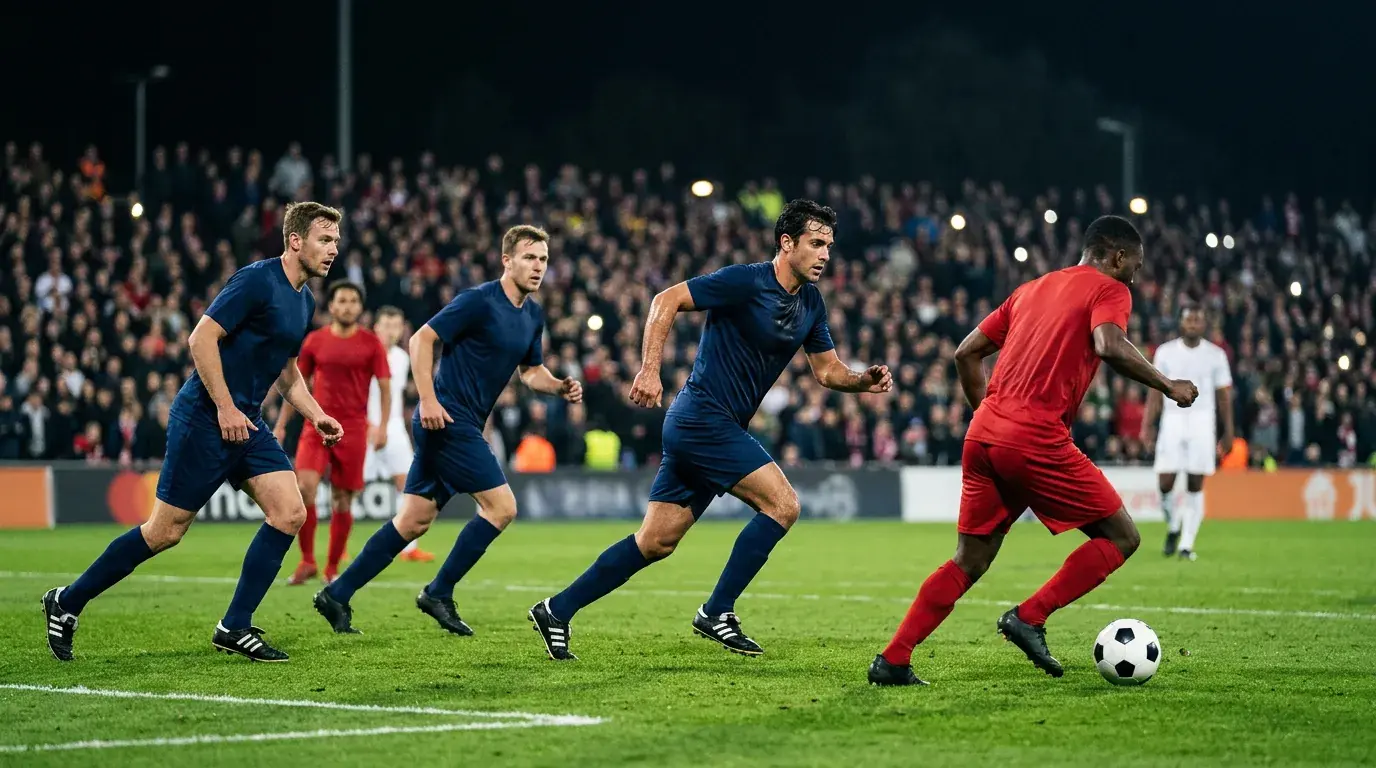 A soccer team defending in a tight knockout match under bright stadium lights