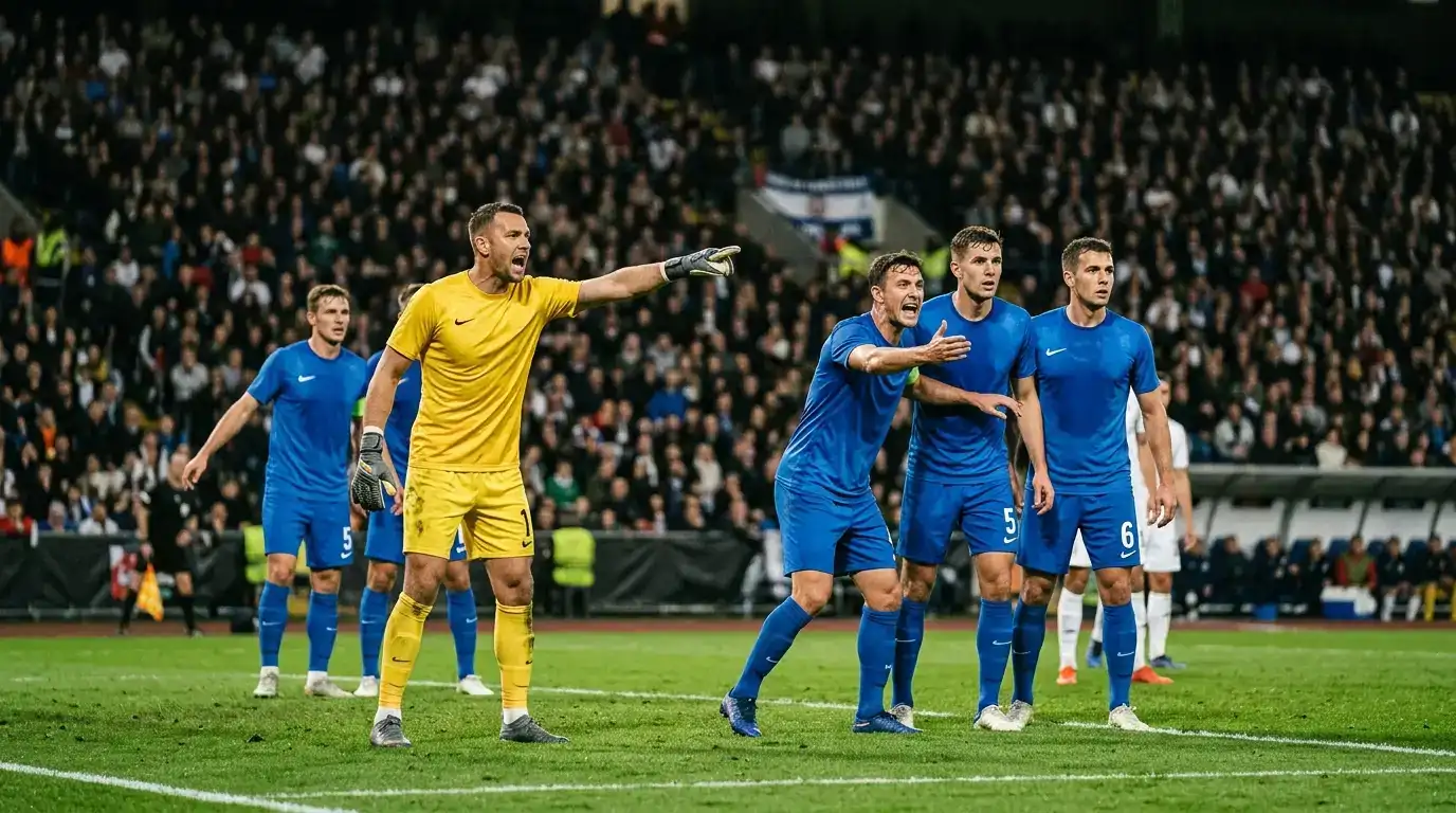 A goalkeeper and defensive line organising before a set piece under stadium floodlights