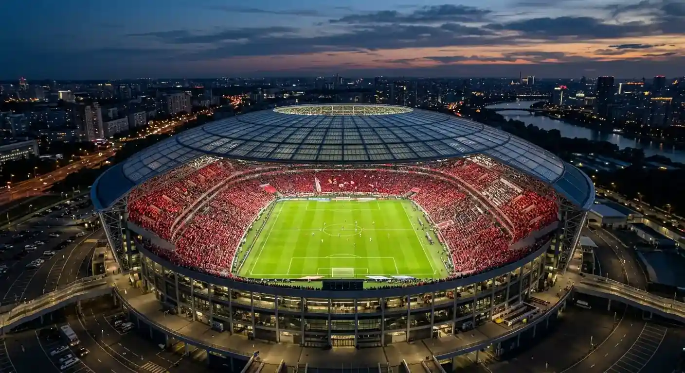 Aerial view of a packed soccer stadium with a retractable roof at dusk
