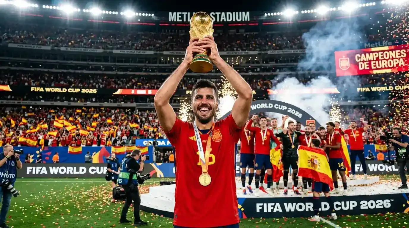 Rodri holding the Golden Ball trophy after winning player of the tournament at World Cup 2026, wearing Spain national team kit