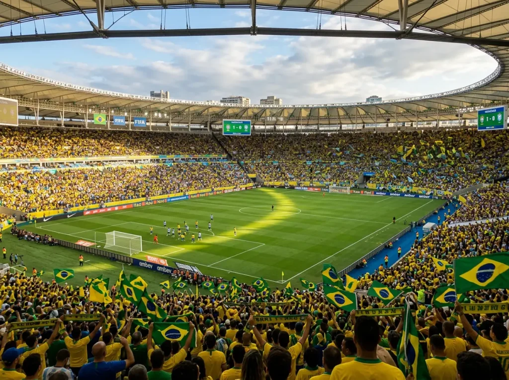 Brazilian national team in yellow jerseys preparing for World Cup 2026 with Seleção branding