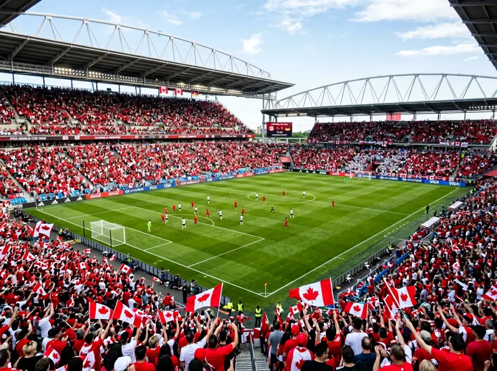 Canadian national soccer team celebrating at BMO Field with maple leaf flags and World Cup 2026 signage