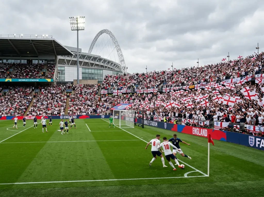 English national team players in white jerseys preparing for World Cup 2026 tournament