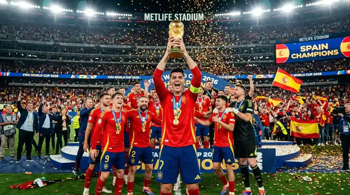 Spain players celebrate with the World Cup trophy after defeating Argentina 1-0 in extra time at MetLife Stadium