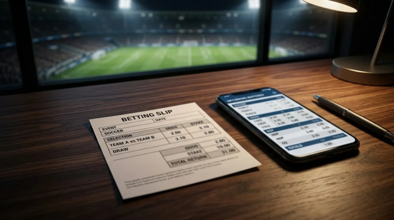 A betting slip and smartphone showing soccer odds beside a stadium backdrop