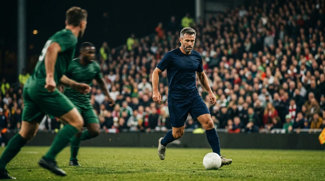 A veteran soccer playmaker on the ball under stadium lights during a knockout match