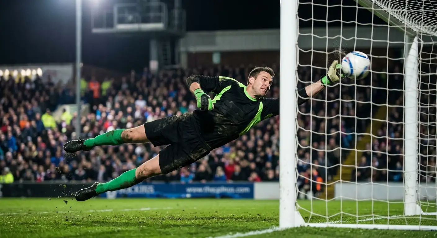 A goalkeeper diving across the goal as a shot is struck