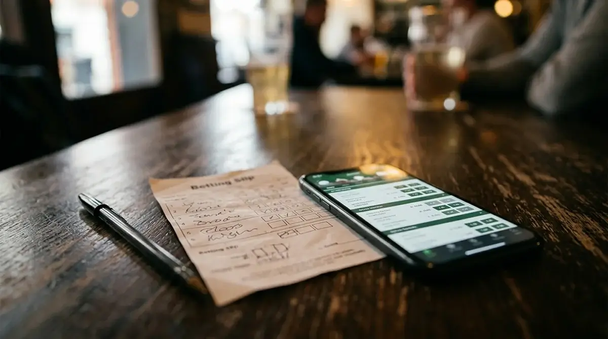 A betting slip and smartphone showing soccer odds on a wooden table