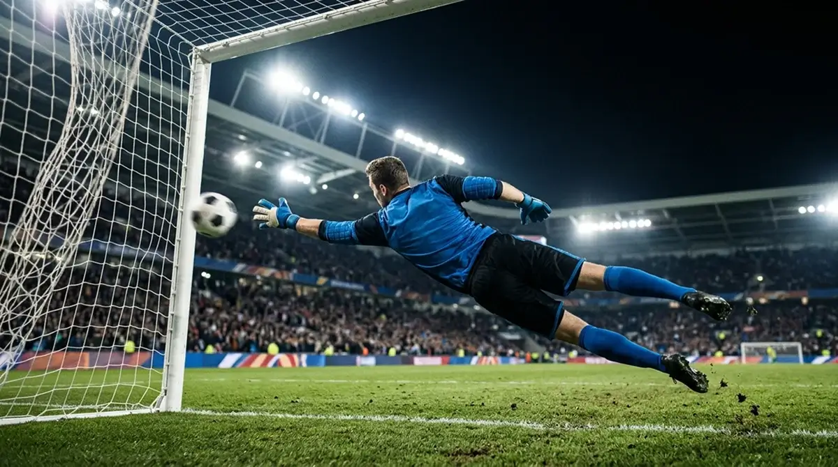 A goalkeeper diving across the goal as a shot is struck