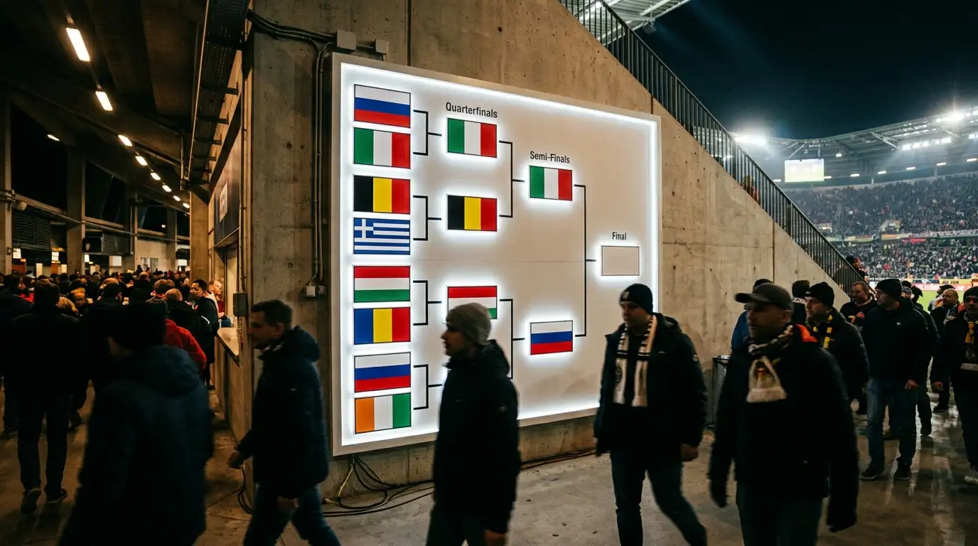 A World Cup knockout bracket wall with eight national flags under stadium lights