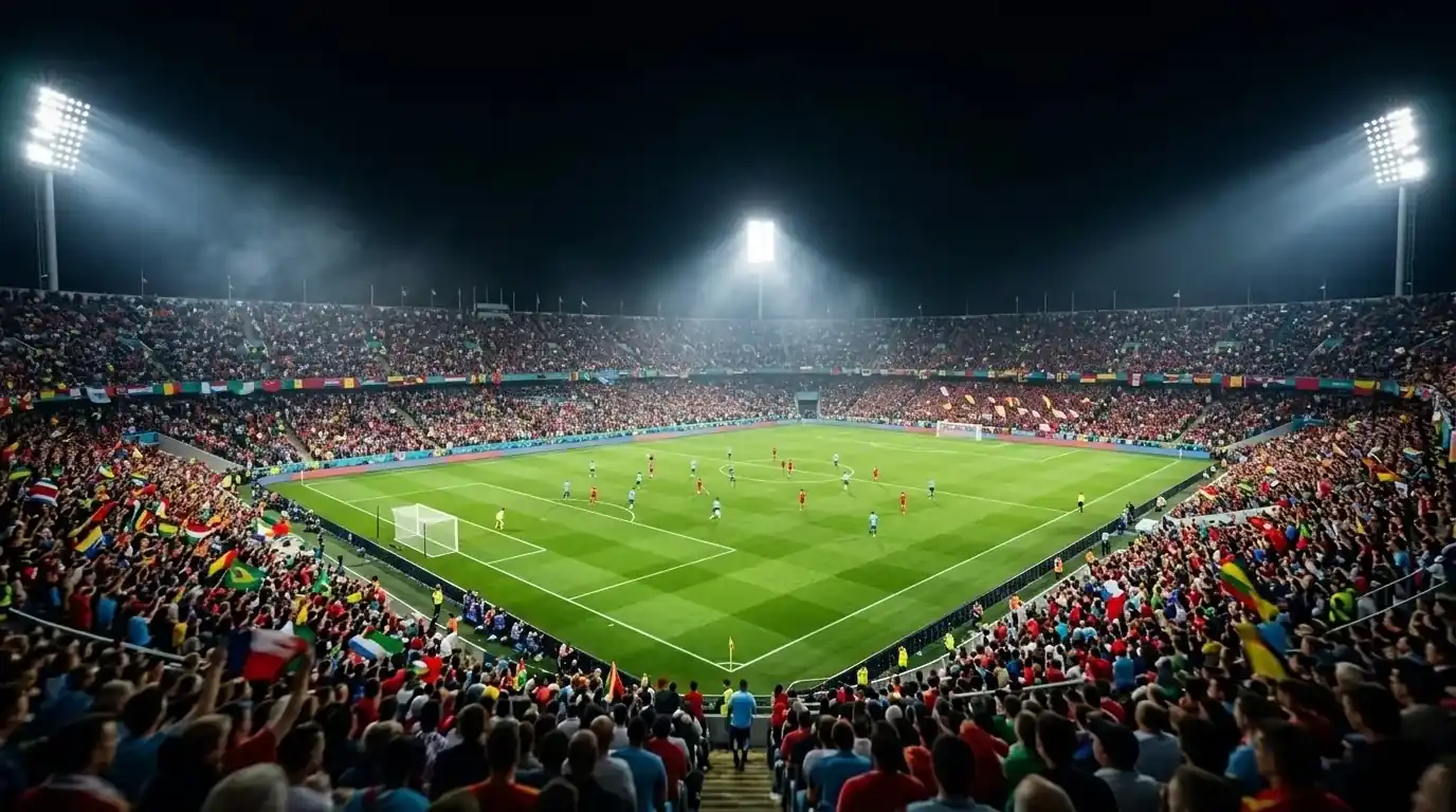A packed World Cup stadium at night with a knockout-stage match under floodlights