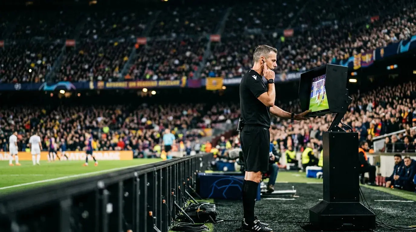 A referee reviewing a decision on a pitchside VAR monitor during a night match