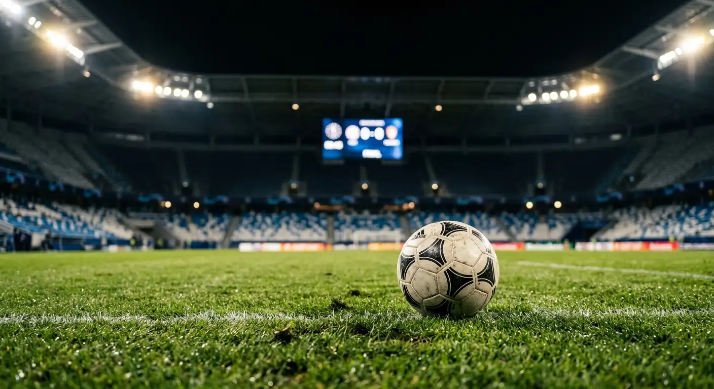 Soccer ball on a floodlit pitch with a results scoreboard glowing in the background
