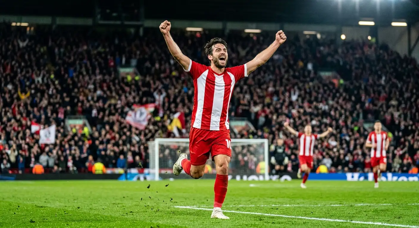 A striker celebrating a goal in front of a packed stadium crowd