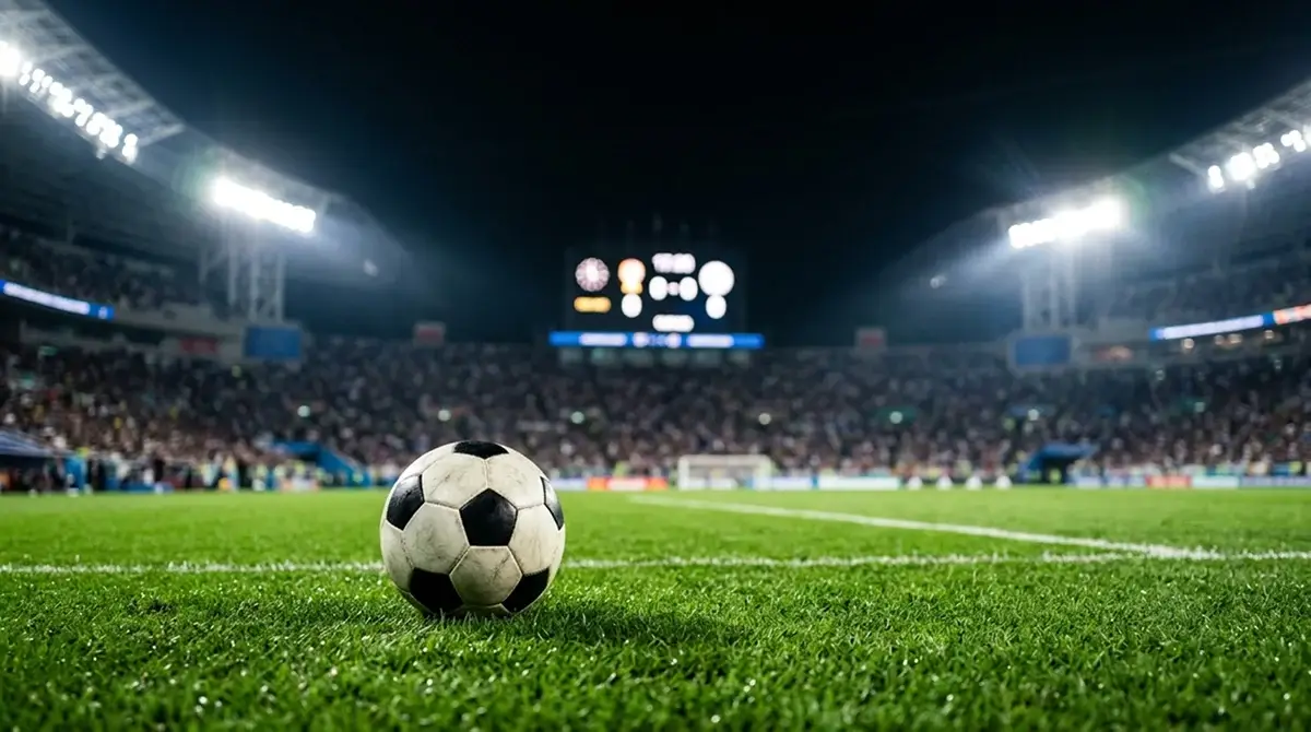 Soccer ball on a floodlit pitch with a results scoreboard glowing in the background