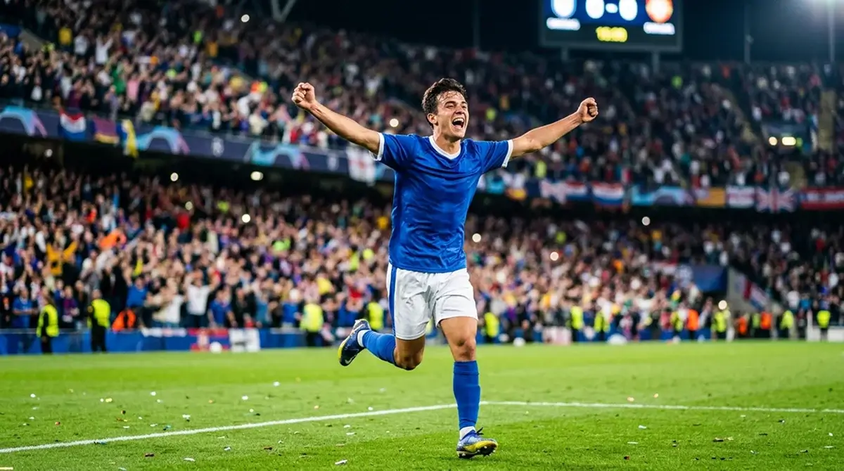 A striker celebrating a goal in front of a packed stadium crowd