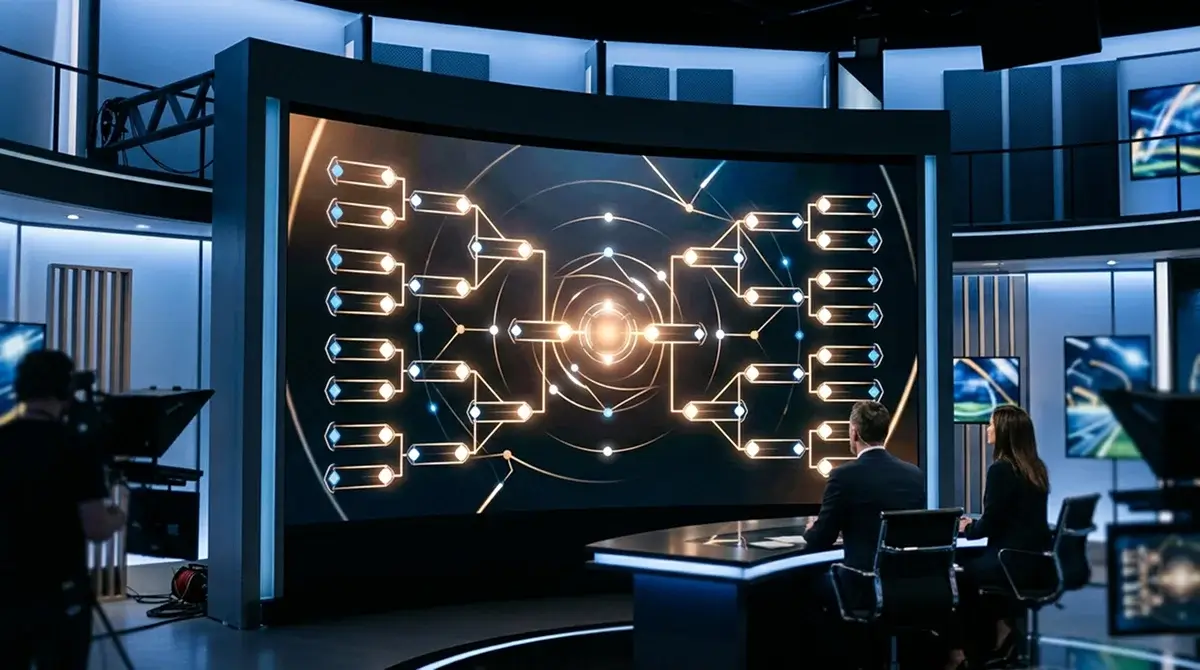 A tournament bracket graphic concept on a screen in a sports studio setting