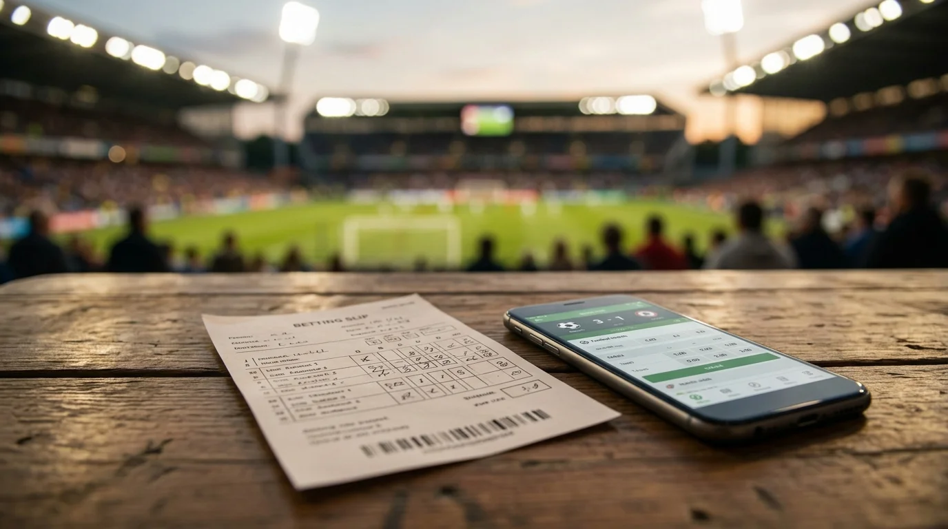 A betting slip and smartphone showing soccer odds beside a floodlit stadium at dusk