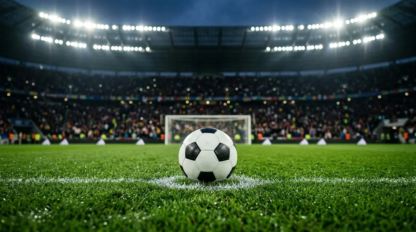 A close-up of a football on the penalty spot under stadium lights before kickoff