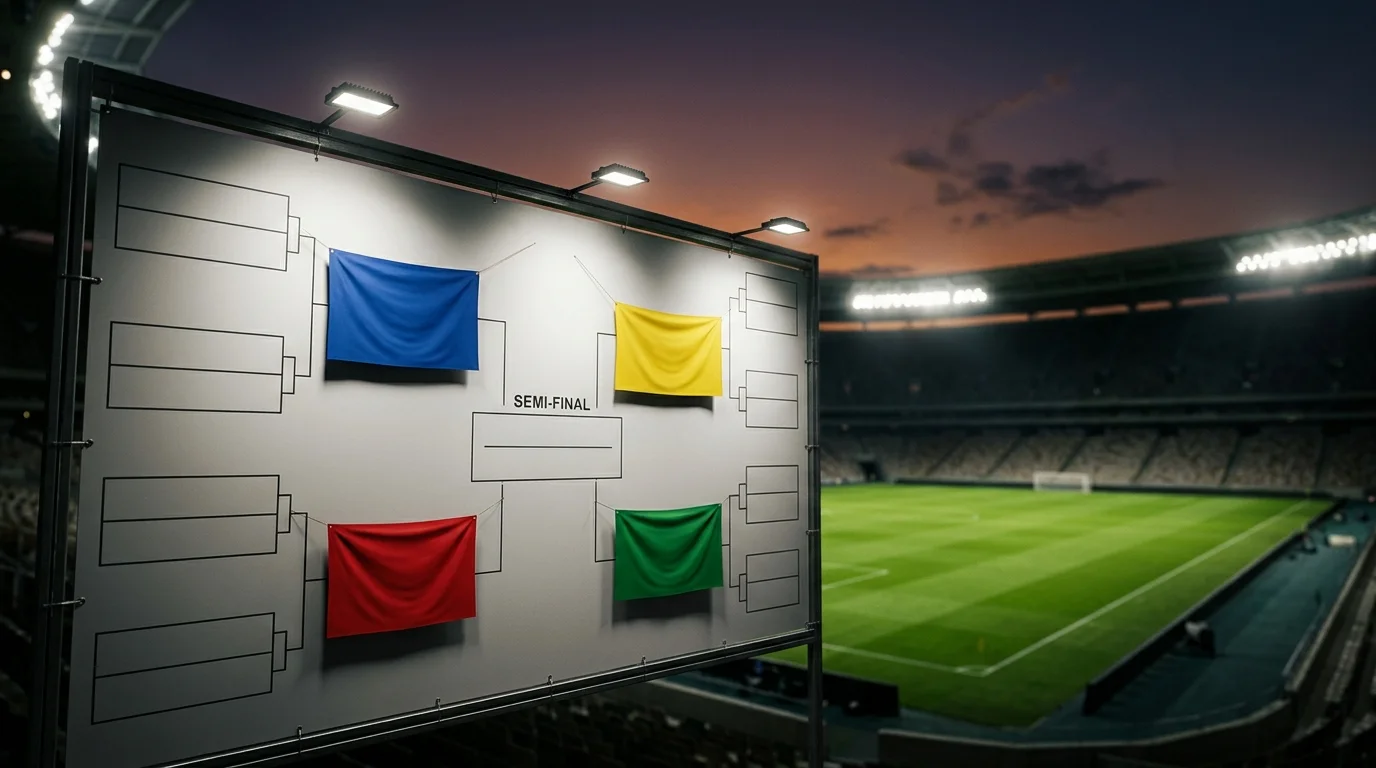A World Cup semi-final bracket wall showing four national flags under stadium floodlights
