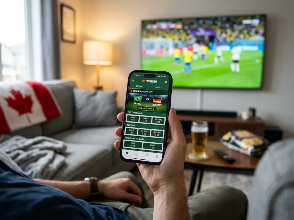 Smartphone displaying World Cup 2026 betting app interface with live odds during a match