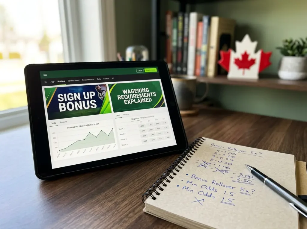 Canadian bettor calculating sportsbook bonus value with World Cup 2026 promotional materials