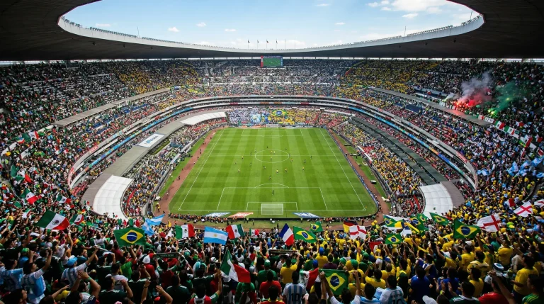 Packed stadium during a World Cup 2026 group stage match with international flags