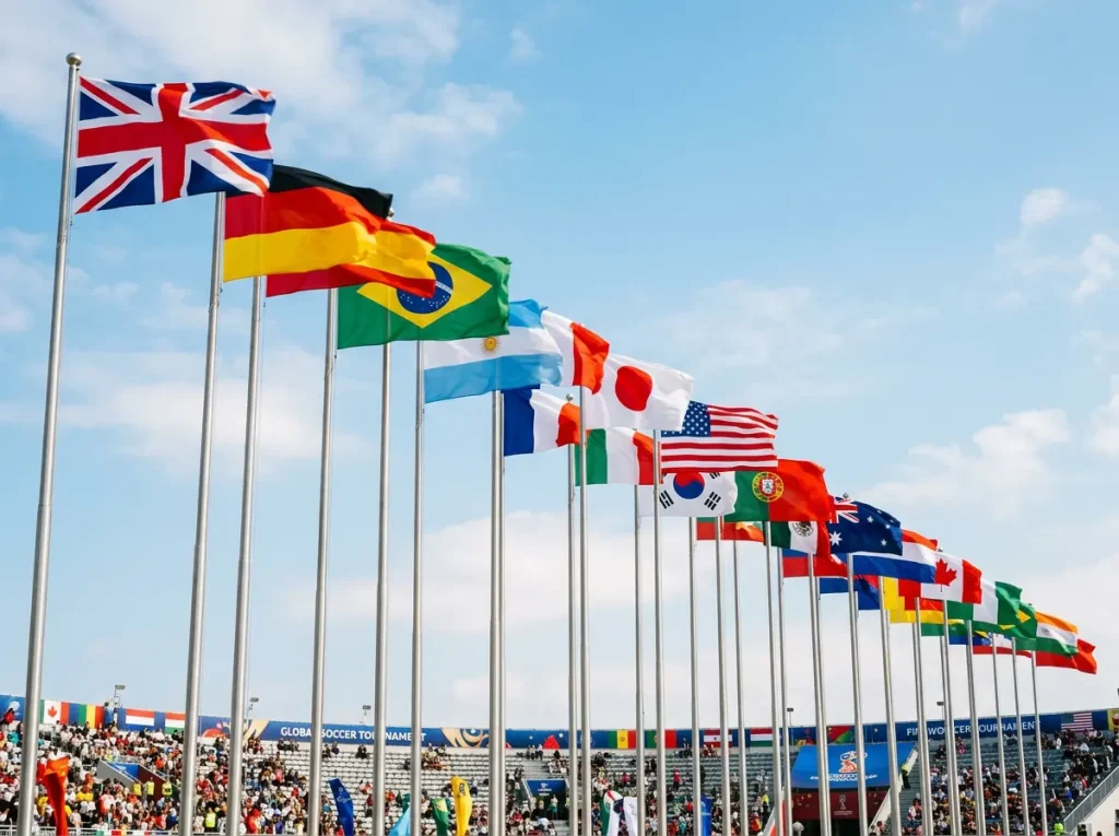 Collage of World Cup 2026 qualified national teams with flags and key players
